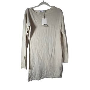 Zara Cream Ruched Side Mini Dress Long Sleeve NWT L